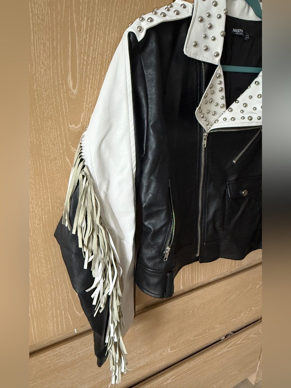 Nasty Gal Black & White Studded Fringe Moto Jacket - Picture 5 of 10